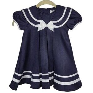 Vintage 80s Rare Editions Nautical Pleated Bow Front Sailor Dress Size 24 Months